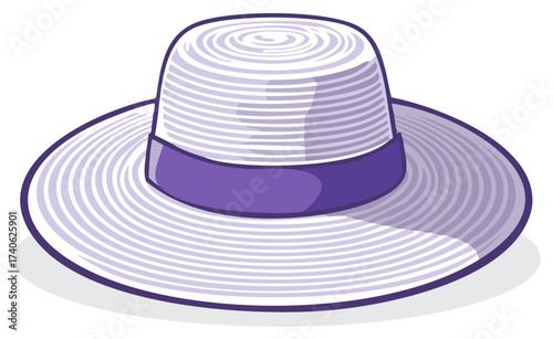 Stylish White Sun Hat with a Purple Band Graphic Illustration for Summer Vacation