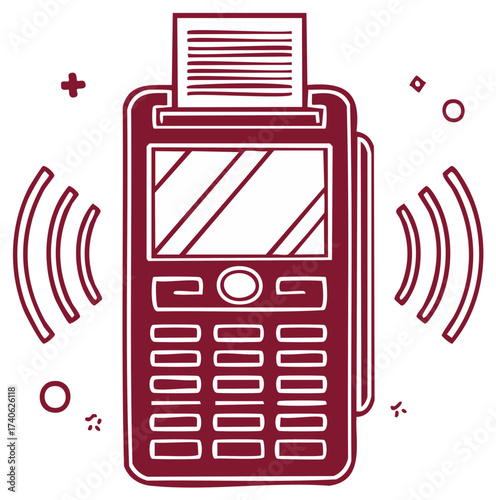 Stylized card reader with receipt and payment signal, payment terminal drawing