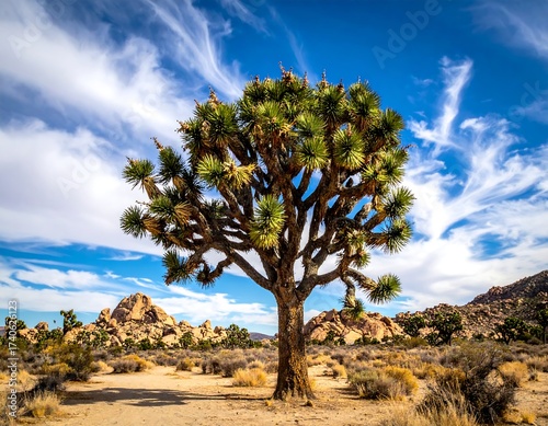 A desert landscape with a Joshua tree under a cloudy sky