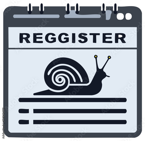 Illustration of calendar page with REGGISTER word and a snail representing slow scheduling or sign up