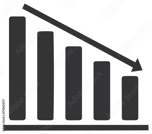 Decreasing bar graph icon with downward arrow symbol for business decline and economic recession