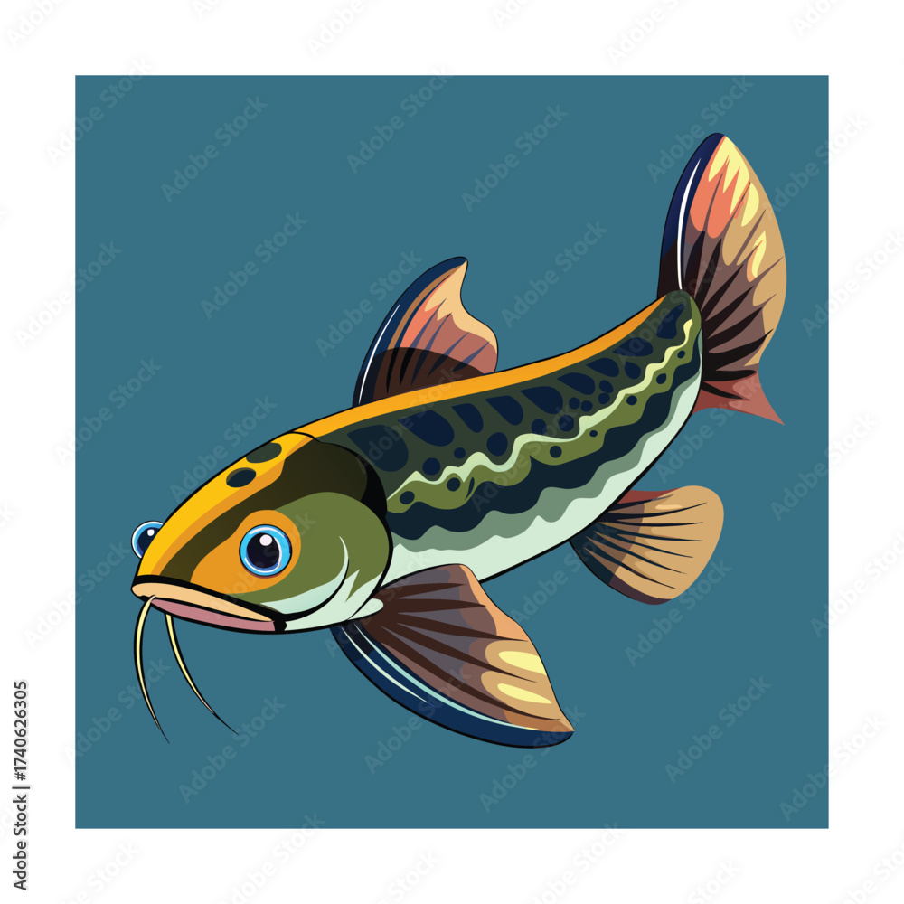 Fototapeta premium Catfish Illustration with Green and Orange Hues Keywords: catfish, fish, freshwater fish