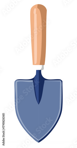 Blue metal garden trowel with wooden handle for planting and gardening tasks