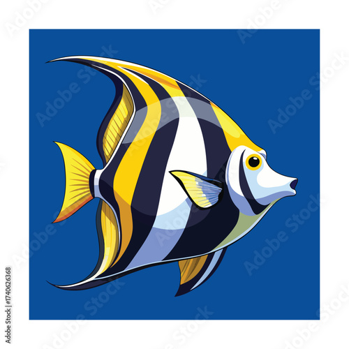 Moorish Idol Fish Illustration on Blue Background Keywords: moorish idol, fish, marine life