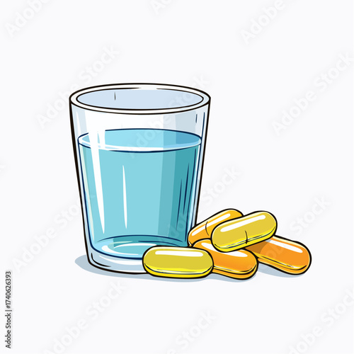 omega-3 capsules on a clean white table, next to a glass of water