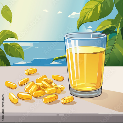 omega-3 capsules on a clean white table, next to a glass of water