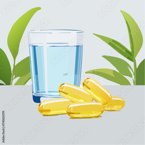 omega-3 capsules on a clean white table, next to a glass of water