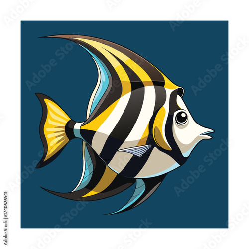 Stylized Moorish Idol Fish with Yellow Black and White Stripes on Dark Blue Background