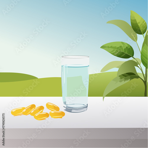 omega-3 capsules on a clean white table, next to a glass of water