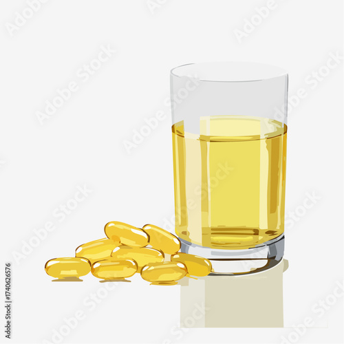 omega-3 capsules on a clean white table, next to a glass of water