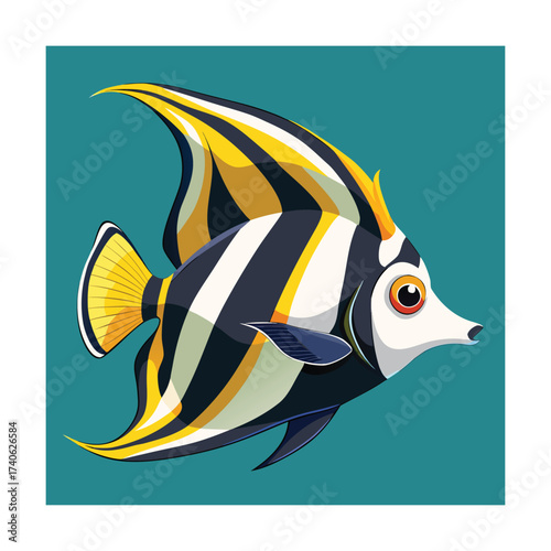 Cartoon Moorish Idol Fish with Yellow Black and White Stripes on Teal Background