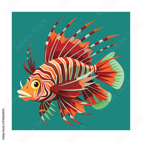 Colorful lionfish with red and orange stripes on teal background Keywords: lionfish, fish