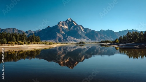 Majestic mountain covered in snow illuminated by golden sunset light, reflected beautifully in the calm lake water below.