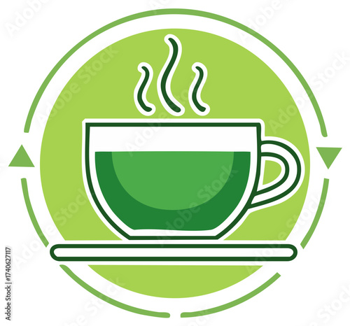 Refreshing herbal tea cup steams warmly within a vibrant green circle, evoking healthy wellness and herbal beverage enjoyment.