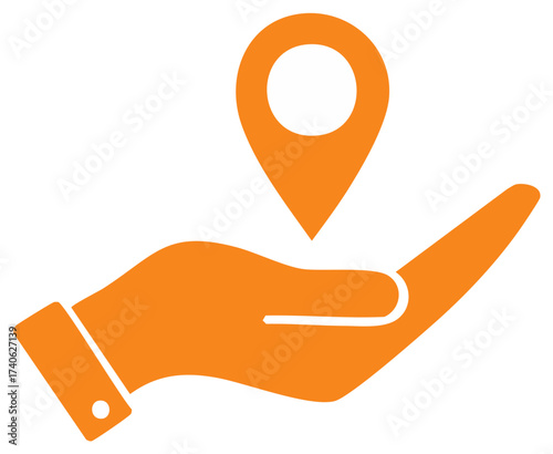 Orange Hand Holding a Location Pin Icon, Route Finding, GPS Navigation