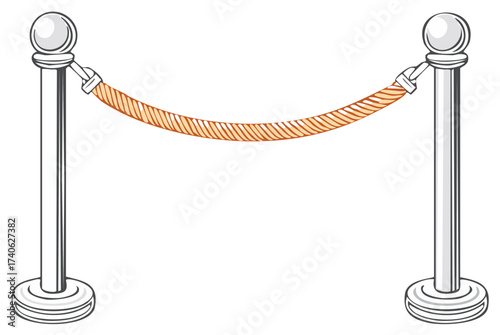 Classic rope barrier illustration- two posts, twisted cord, stanchion, line. Entrance control graphic element.