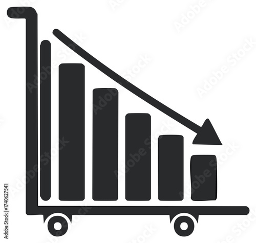 Declining bar graph on a trolley, showing a downward arrow, stock market trend, loss illustration