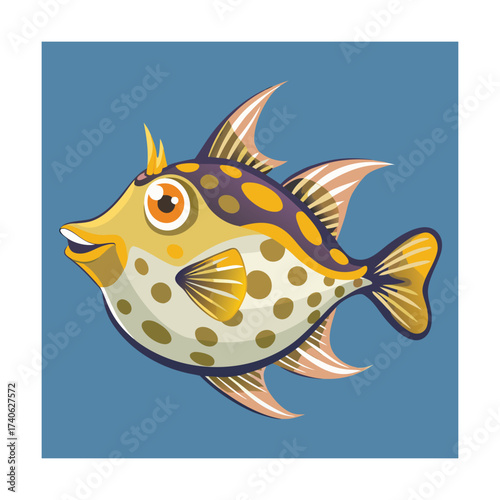 Cartoon yellow puffer fish with purple spots and orange fins