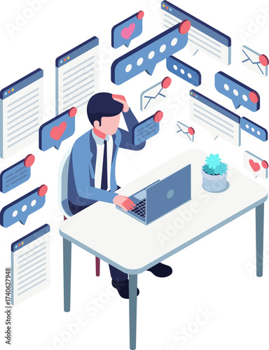 Isometric Burnout Worker Overwhelmed by Notifications and Digital Overload