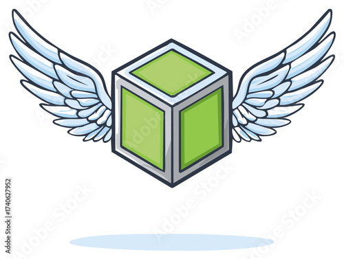 Cartoon green cube with white angel wings flying for express delivery or logistics