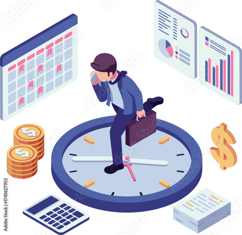 Isometric Businessman Racing Against Time for Money