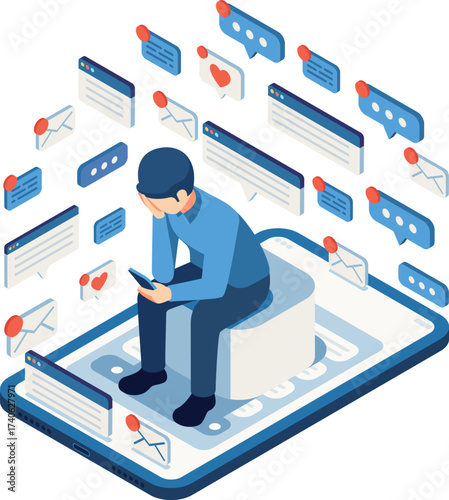Isometric Stressed Businessman Overwhelmed by Online Notifications