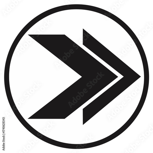 Black double arrow symbol inside a circle pointing forward on a white background