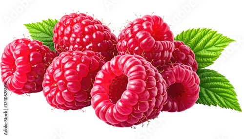 Close-up cluster of vibrant red raspberries with green leaves