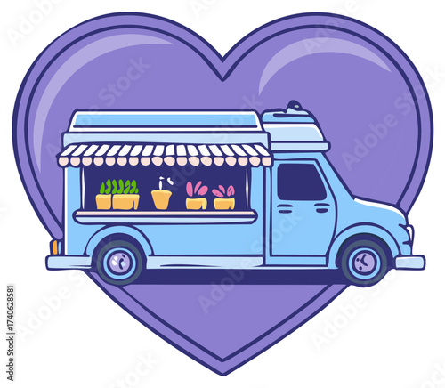Cartoon flower truck and mobile plant shop inside a purple love heart vector icon