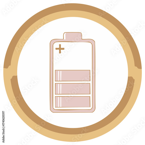 Illustration of a battery with low energy inside of a golden outlined circle