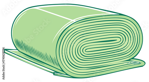 Rolled green fabric on a flat surface, abstract illustration with clean lines