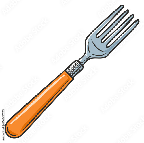 Fork with orange handle illustration, tableware utensil for eating, dining or cooking, dining room equipment or cuisine elements