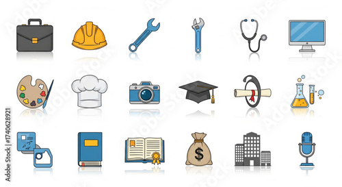 A collection of various colorful icons representing different professions and objects.