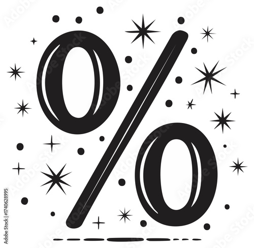 Black Percentage Sign with Stars and Dots for Promotion or Sale Announcement, Discount Symbol Design with Decorative Flourishes