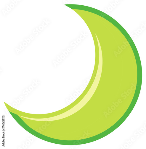 Green crescent moon shape graphic element. Cartoon moon in vector illustration.