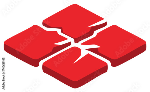 Damaged red isometric symbol breaking apart representing crisis or collapse