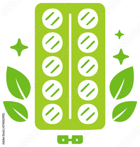 Medical blister pack with pills, green leaves, and star icons, representing health and wellness.