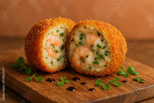 Golden crispy shrimp risotto balls cut open on wooden board with fresh herbs and gourmet sauce drops, savory appetizer presentation