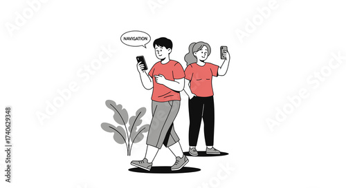 Young peoples with smartphones. Using gps, making selfie, talking on video call, chatting, looking video. Hand drawn vector illustration isolated on white background. Modern flat cartoon style.