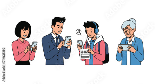 Young peoples with smartphones. Using gps, making selfie, talking on video call, chatting, looking video. Hand drawn vector illustration isolated on white background. Modern flat cartoon style.