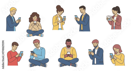 Young peoples with smartphones. Using gps, making selfie, talking on video call, chatting, looking video. Hand drawn vector illustration isolated on white background. Modern flat cartoon style.