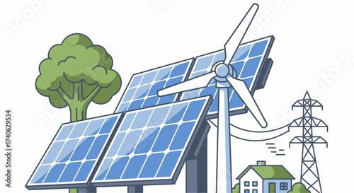 Renewable energy solar panels, wind turbine.Green energy concept