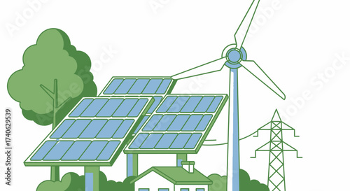 Renewable energy solar panels, wind turbine.Green energy concept