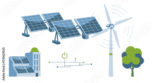 Renewable energy solar panels, wind turbine.Green energy concept