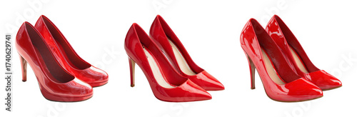 Elegant Red Patent Leather High Heel Shoes Collection PNG set Transparent background