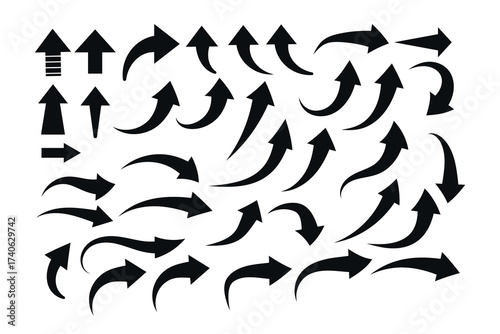 Collection of diverse black arrows pointing upward and in various curved directions on white background