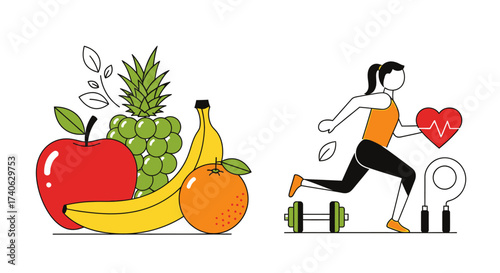 Healthy Lifestyle Concept set. Fitness equipment, nutritious foods and sports activities. Balanced and active lifestyle for wellbeing. Trendy modern vector illustration isolated on white, flat design
