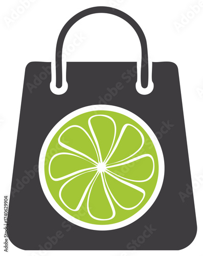 Shopping Bag Icon with Green Citrus Fruit Slice, Abstract Design, Shop, Fresh