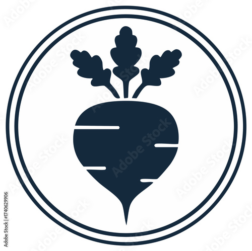 Graphic silhouette of a beet or turnip with leaves inside a double-lined circle, fresh organic food logo