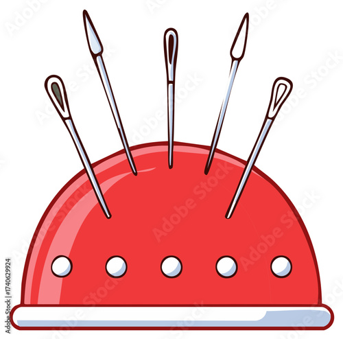 Cartoon illustration showing a red pincushion with many steel needles sticking out of it, for sewing, crafts, tailoring, embroidery, needlework